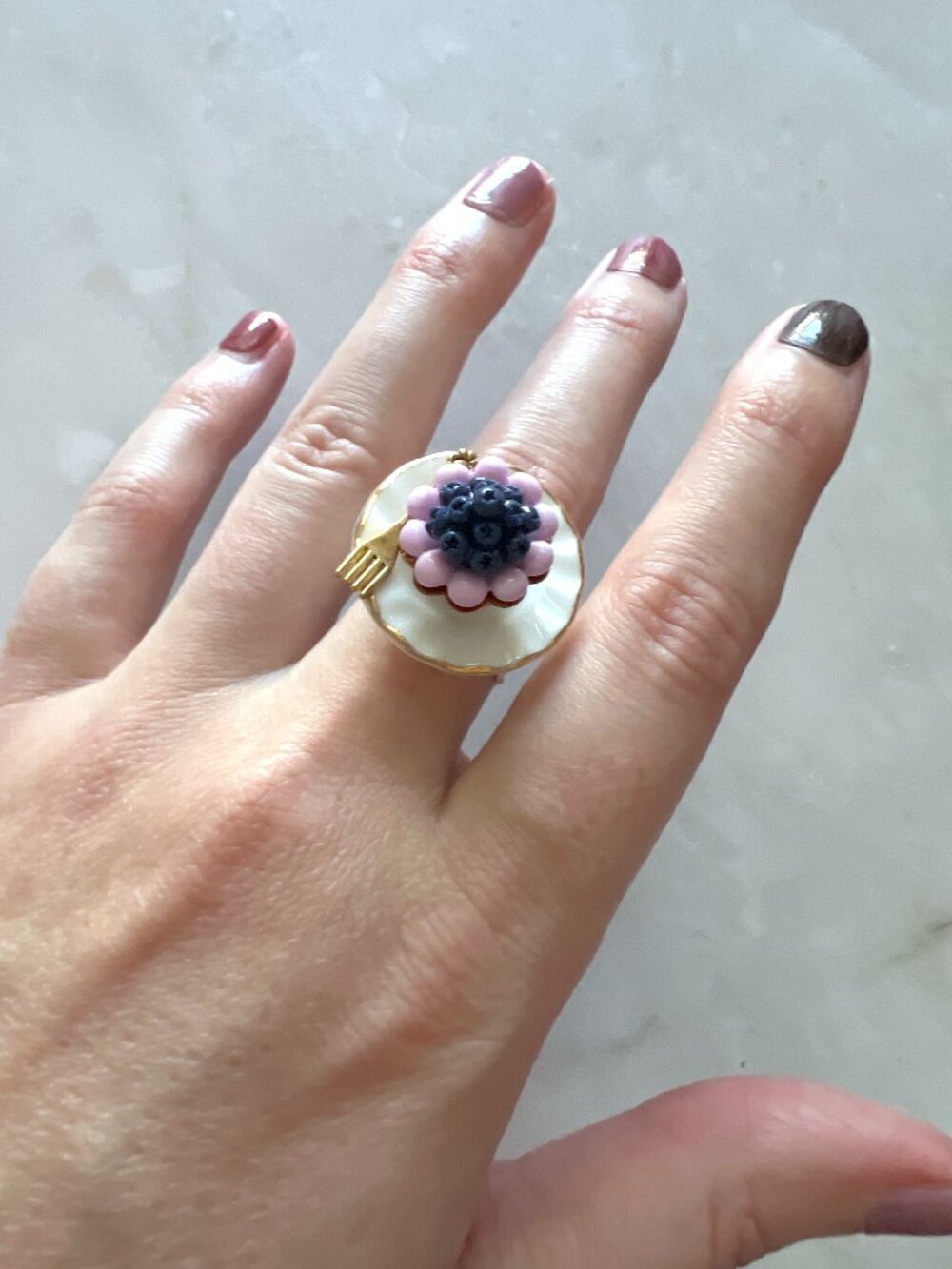 Blueberry Cake Ring | Adjustable Miniature Food Jewelry | Handmade Dessert Ring
